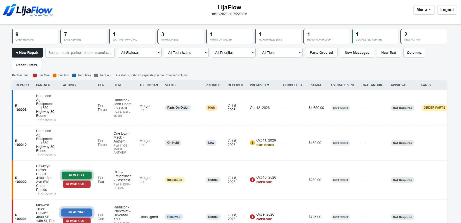 Repair dashboard showing jobs, statuses, and priority filters